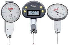 Dial test indicators for measurements in narrow or angular areas that are not accessible by normal dial gauges. The scale has a inch graduation.